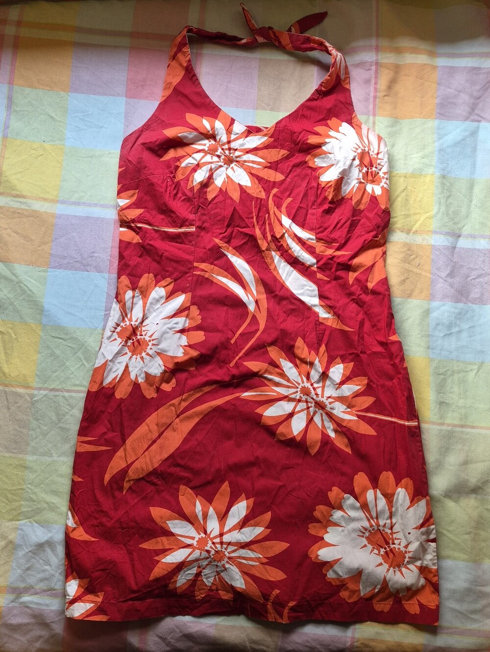 Reitmans Red Halter Mini Dress with White & Orange Floral Print